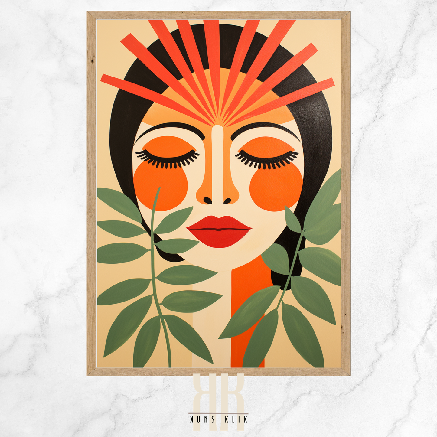 female face with sun beam, mountains and plants in the background in flat graphic bohemian style