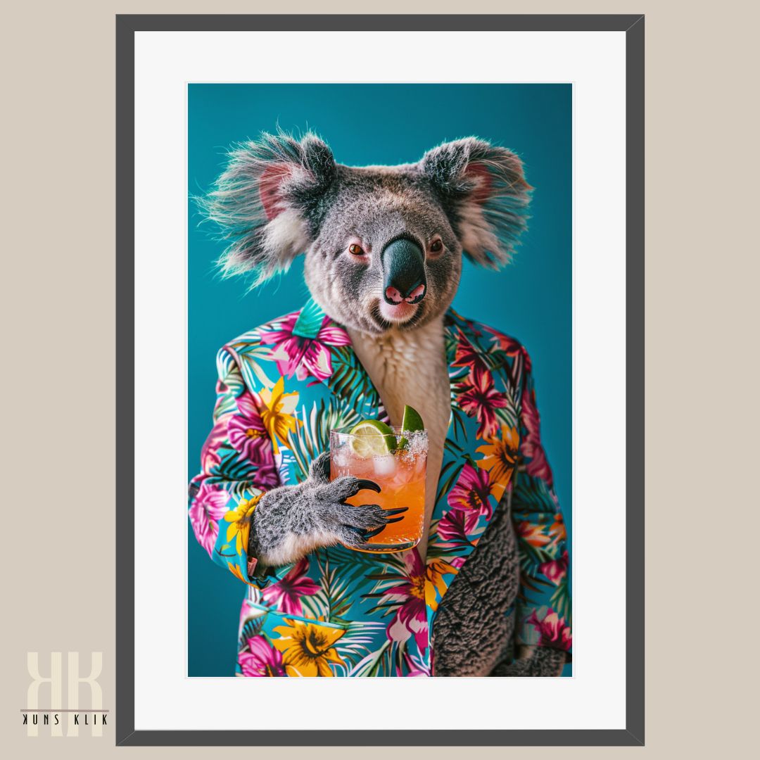 Elegant Koala with Cocktail in Tropical Suit