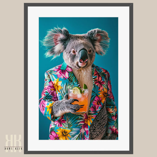 Elegant Koala with Cocktail in Tropical Suit