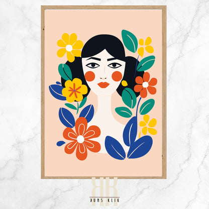 This artwork is a stylized portrait of a woman surrounded by vibrant flora. The woman has black hair, bold red lips, and cheeks with circular blush accents. Her appearance is rendered in a flat, minimalist style with clean lines and solid colors. She is adorned with various flowers and leaves in vivid shades of yellow, red, blue, and green, creating a lively and colorful contrast against the soft peach background.