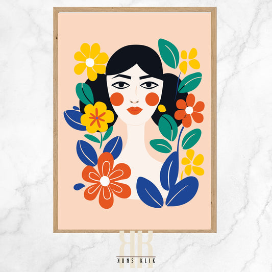 This artwork is a stylized portrait of a woman surrounded by vibrant flora. The woman has black hair, bold red lips, and cheeks with circular blush accents. Her appearance is rendered in a flat, minimalist style with clean lines and solid colors. She is adorned with various flowers and leaves in vivid shades of yellow, red, blue, and green, creating a lively and colorful contrast against the soft peach background.