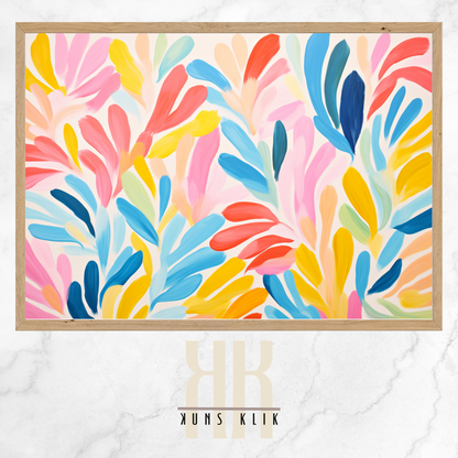  The artwork is a Matisse-style painting featuring a loose, abstract pattern of leaf shapes in a variety of pastel and vibrant hues against a white background. The brushstrokes are visible, giving a textured and dynamic feel to the composition. The color palette includes shades of blue, pink, orange, and yellow, creating a cheerful and lively atmosphere. The overall effect is reminiscent of a breezy, spring day.