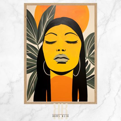 female face with sun beam, mountains and plants in the background in flat graphic bohemian style