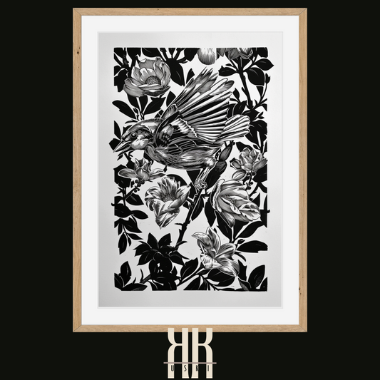 Black and White Hummingbird and Flowers Art