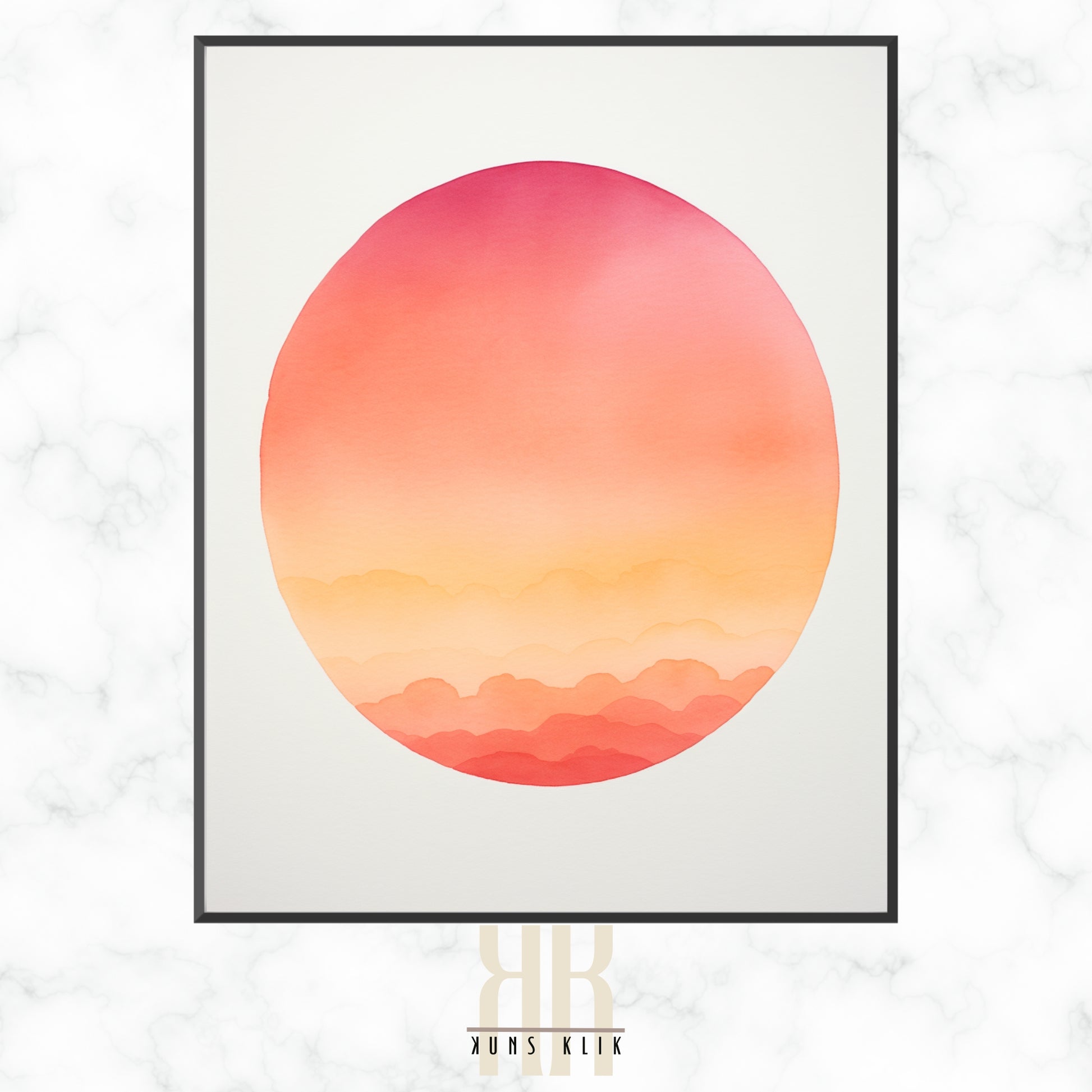 A watercolor painting capturing a serene landscape at sunrise or sunset, with a warm gradient sky and sun reflecting over calm waters and a silhouette of mountain ranges.