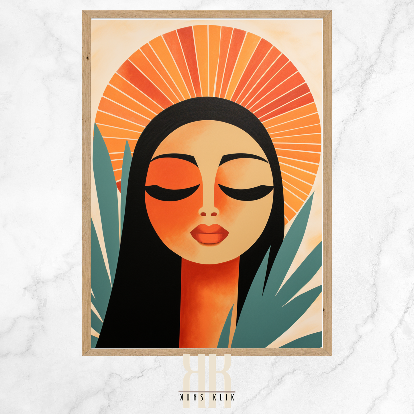 female face with sun beam, mountains and plants in the background in flat graphic bohemian style