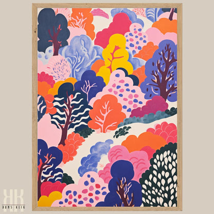 Vivid Landscape Art Print with Playful Tree Patterns