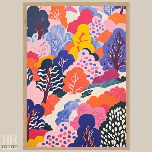 Vivid Landscape Art Print with Playful Tree Patterns