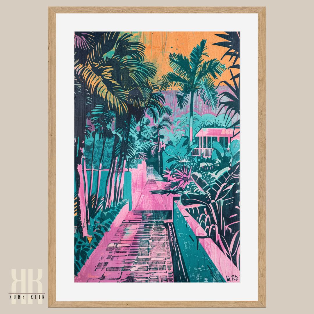 Tropical Getaway Art Print – Palm-Lined Streets & Sunset Colours
