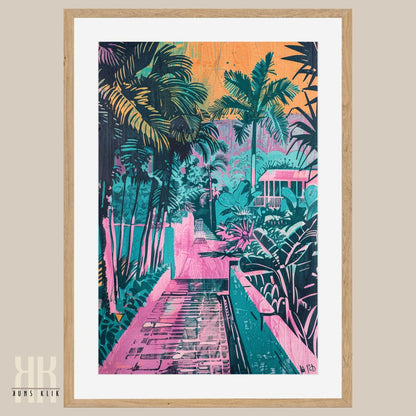 Tropical Getaway Art Print – Palm-Lined Streets & Sunset Colours