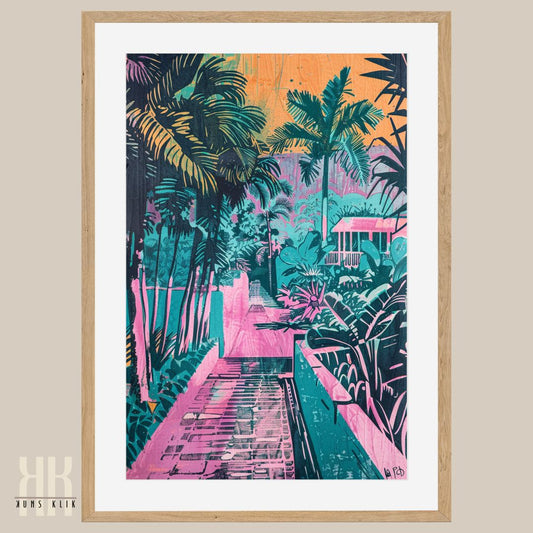 Tropical Getaway Art Print – Palm-Lined Streets & Sunset Colours