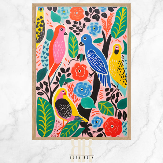 A colorful art print featuring a variety of stylized birds perched on branches amidst lush foliage; each bird is depicted in a unique, vivid color palette against a floral background, creating a vibrant and dynamic scene celebrating wildlife and nature.