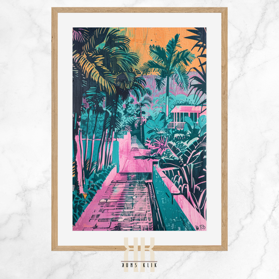 Tropical Getaway Art Print – Palm-Lined Streets & Sunset Colours