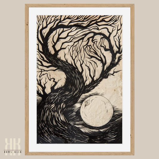 Creepy Tree and the Moon Black Ink Etching