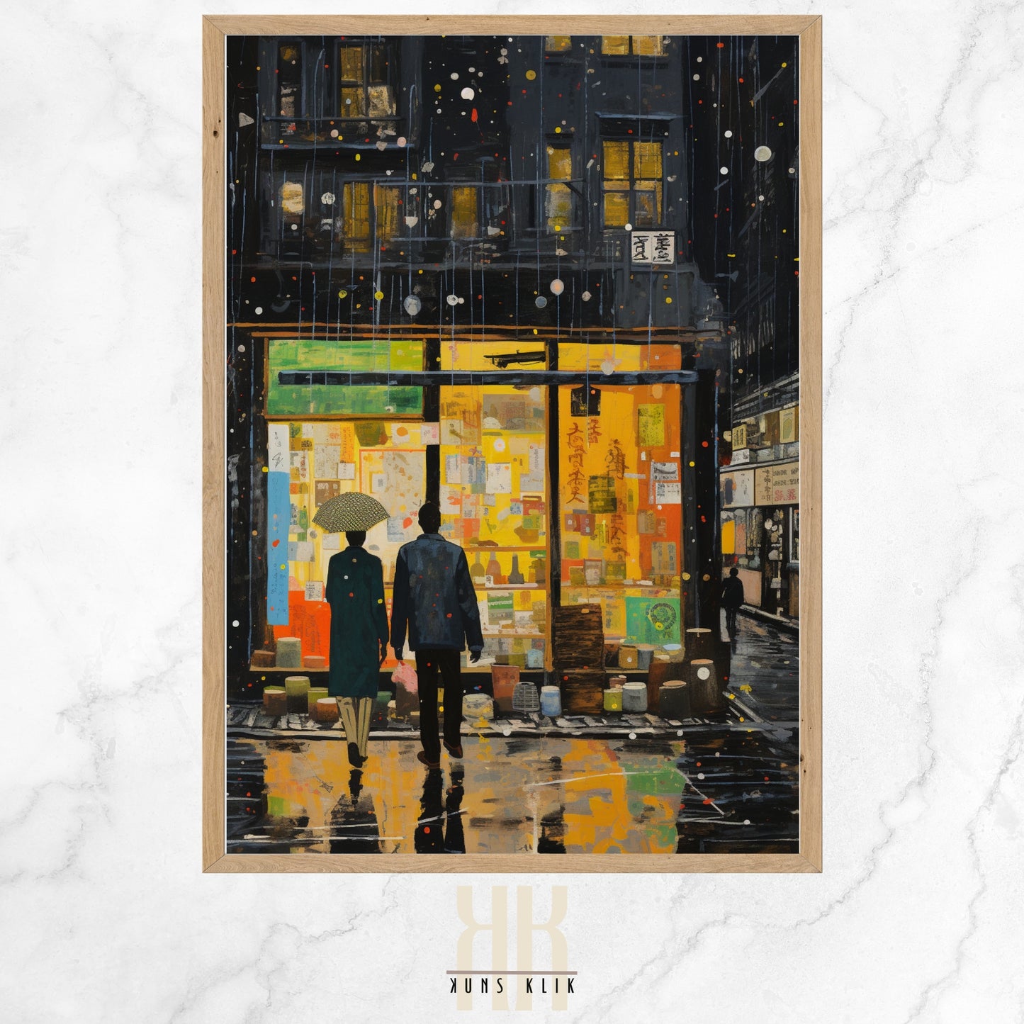 A digital art print of a rainy urban night scene, featuring two silhouetted figures walking under an umbrella among reflective, colorful, abstract shapes on wet pavement.