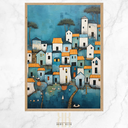 An art print of a stylized coastal town with geometric shapes in shades of blue, white, and subtle orange, evoking a serene seaside village with textured details.