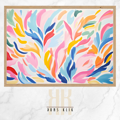  The artwork is a Matisse-style painting featuring a loose, abstract pattern of leaf shapes in a variety of pastel and vibrant hues against a white background. The brushstrokes are visible, giving a textured and dynamic feel to the composition. The color palette includes shades of blue, pink, orange, and yellow, creating a cheerful and lively atmosphere. The overall effect is reminiscent of a breezy, spring day.