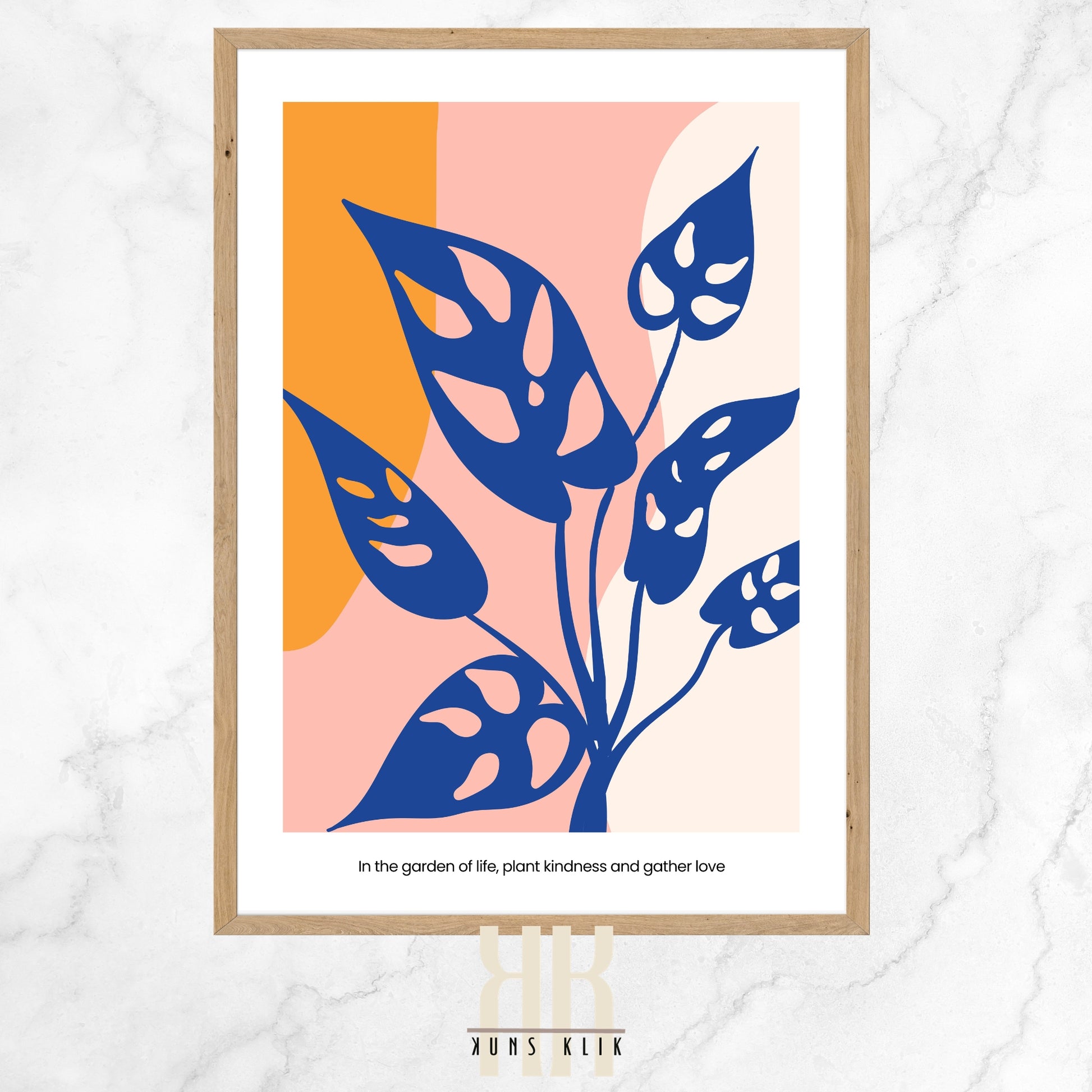 Stylized graphic print featuring bold blue botanical shapes on a warm-toned abstract background, with the inspirational quote 'In the garden of life, plant kindness and gather love