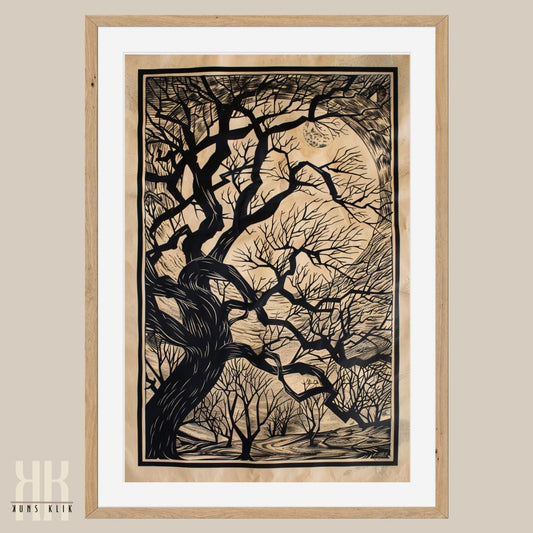 Dark Forest at Night Tree and Moon Black and White Vintage Print