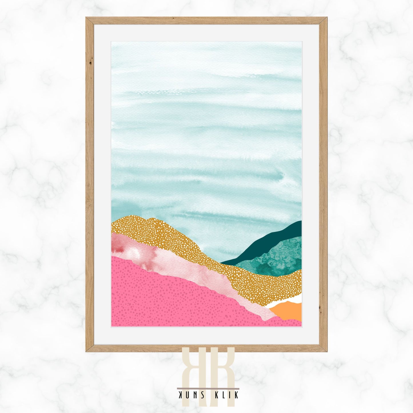 Abstract Modern Art depicting landscape silhouettes in brown, pink and green tones.