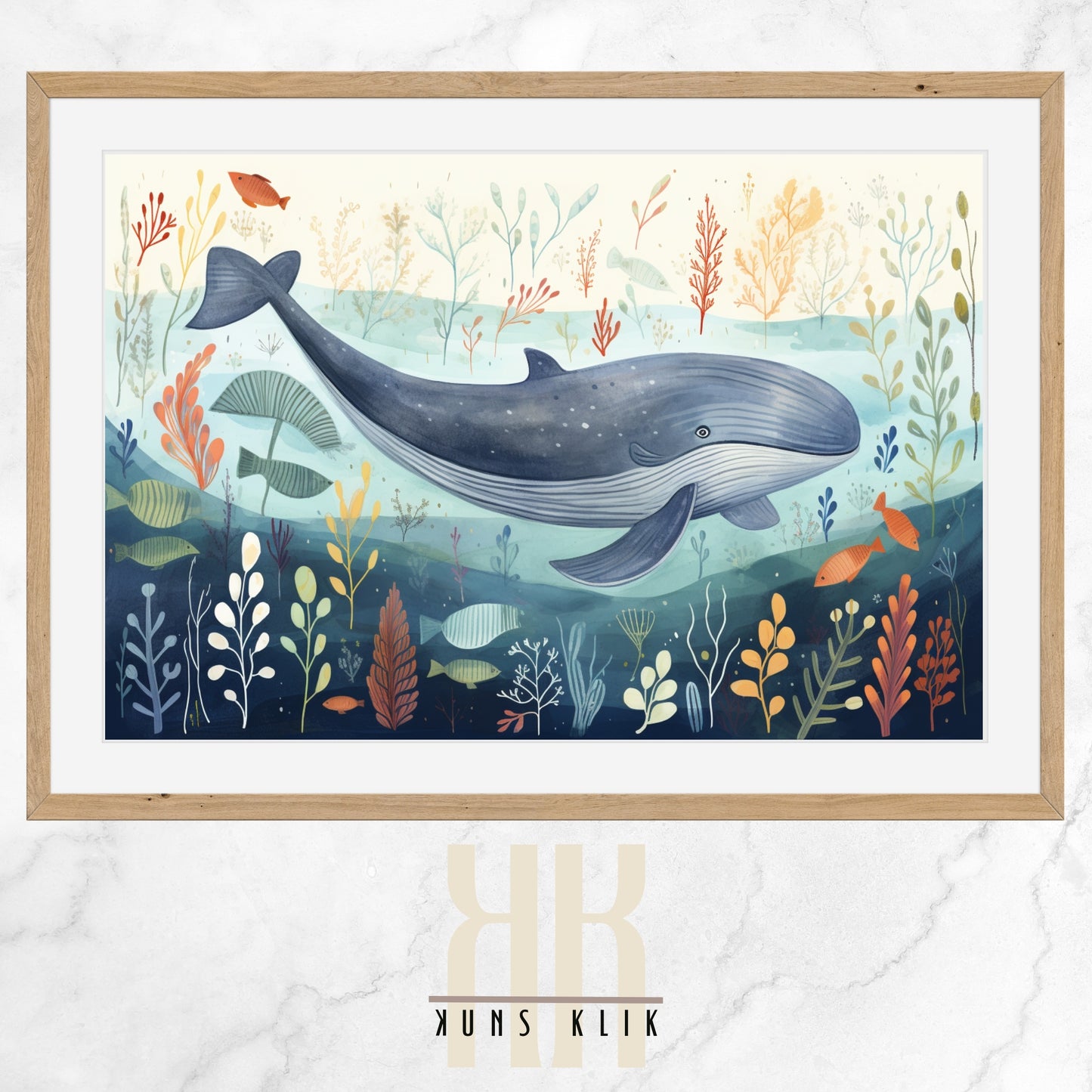 Digital illustration of a blue whale in a folk art style, surrounded by marine plant life and small fish, set against a navy blue background with a whimsical and serene underwater scene.