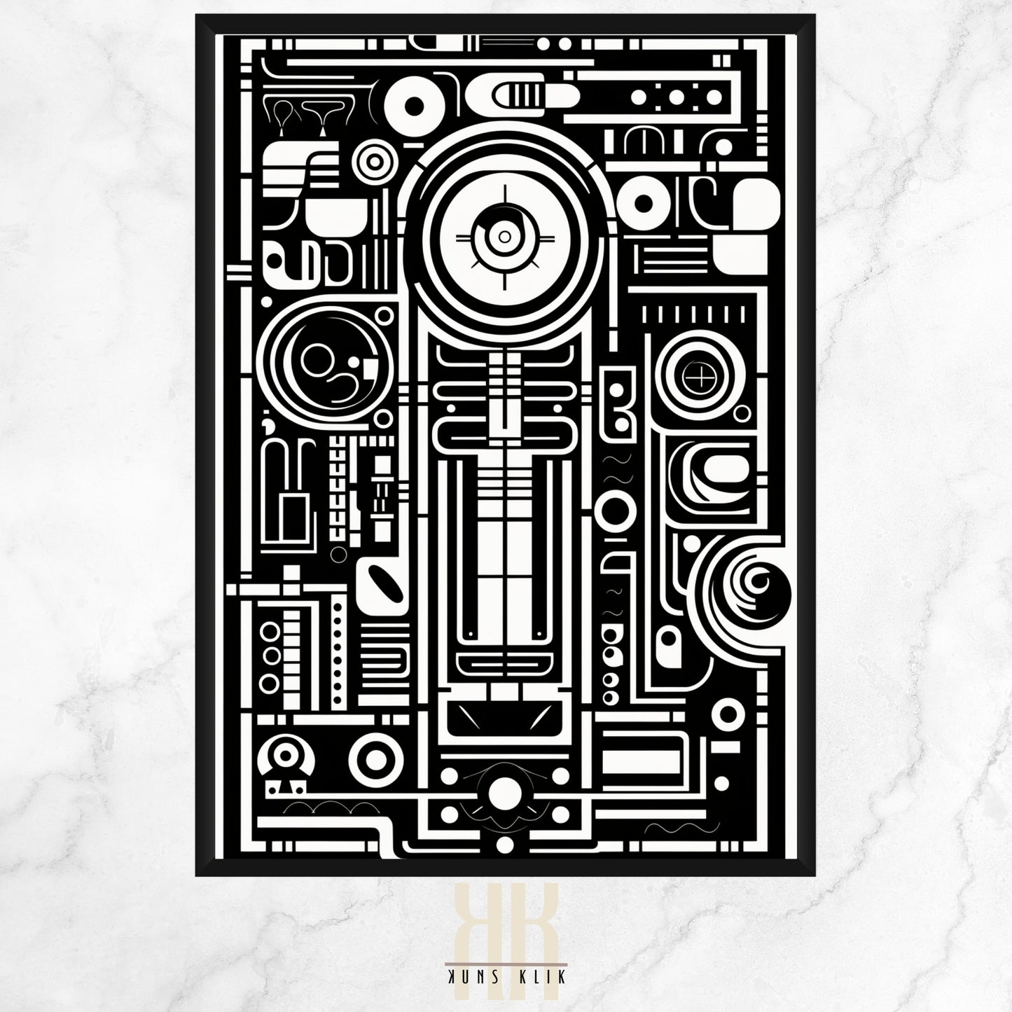  This artwork is an intricate example of modern graphic design, likely created using digital tools and techniques. It features a highly detailed and symmetrical composition reminiscent of circuitry or a complex machine layout.