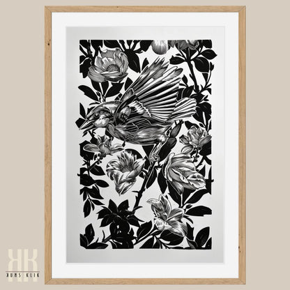 Black and White Hummingbird and Flowers Art