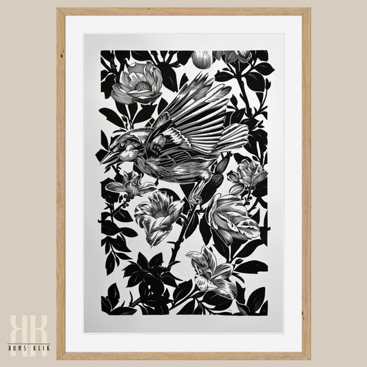 Black and White Hummingbird and Flowers Art