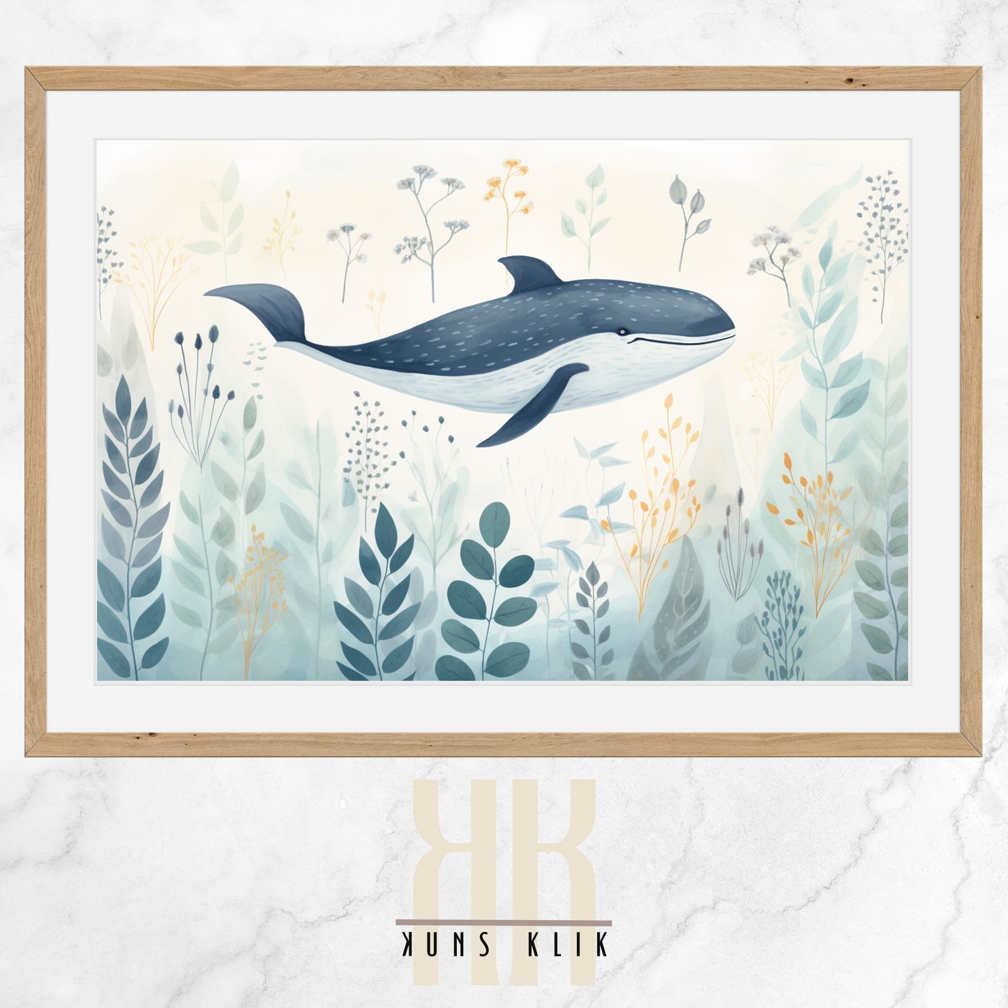 Digital illustration of a blue whale in a folk art style, surrounded by marine plant life and small fish, set against a navy blue background with a whimsical and serene underwater scene.