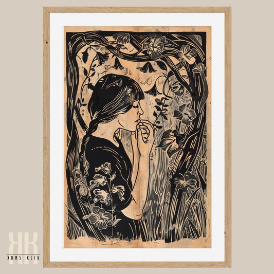 Woman in Vines and Flowers Vintage Black Ink Art