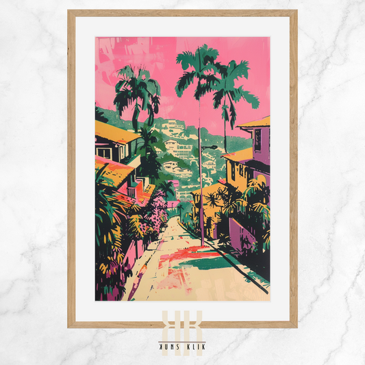 Tropical Getaway Art Print – Palm-Lined Streets & Sunset Colours