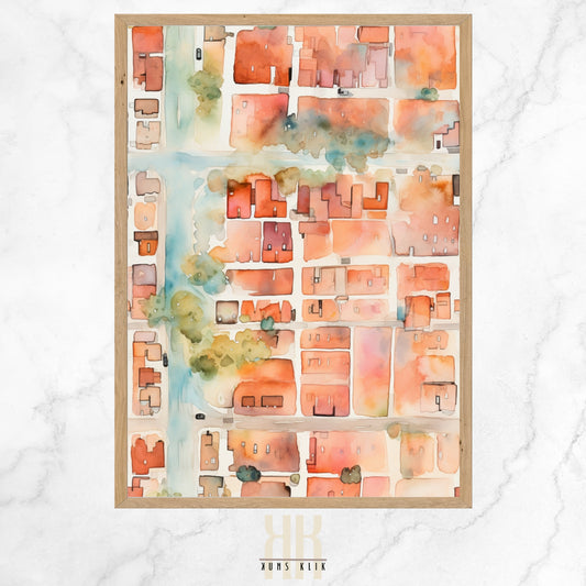 Watercolor painting depicting an abstract, top-down view of a city, with a warm, earthy color palette and soft, blending hues that suggest an impressionistic map of urban streets and blocks.