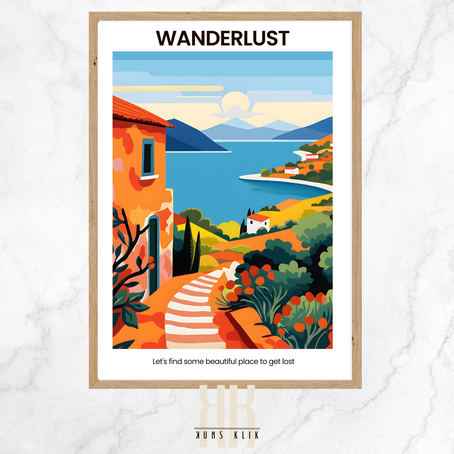  This vibrant artwork captures a Mediterranean coastal landscape with an orange building on the left and a scenic path leading to a white house amid rolling hills. The setting sun bathes the scene in a warm glow, highlighting the blue sea and islands in the distance. The image is stylized with bright, bold colors and simple shapes, evoking a sense of wanderlust and the joy of finding new places to explore. 