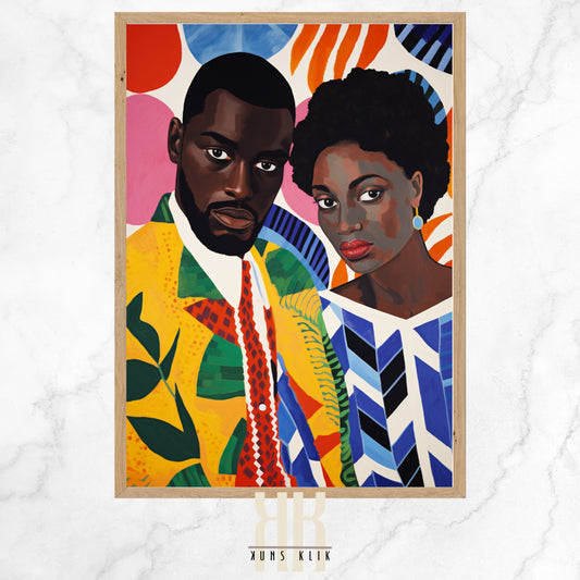 African couple in bold colourful pattern print clothing on a bold colourful patterned backgroun