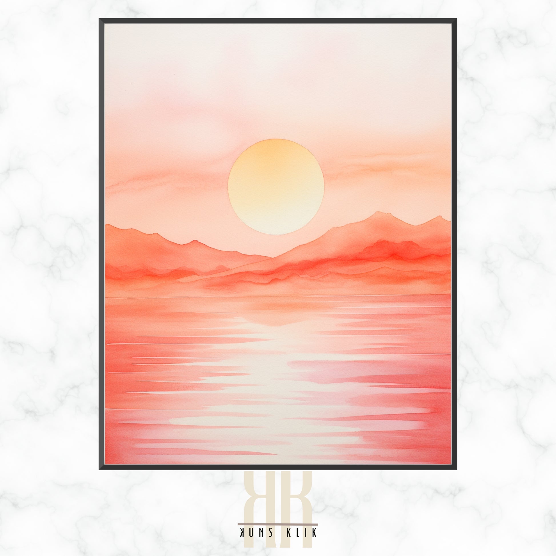 A watercolor painting capturing a serene landscape at sunrise or sunset, with a warm gradient sky and sun reflecting over calm waters and a silhouette of mountain ranges.