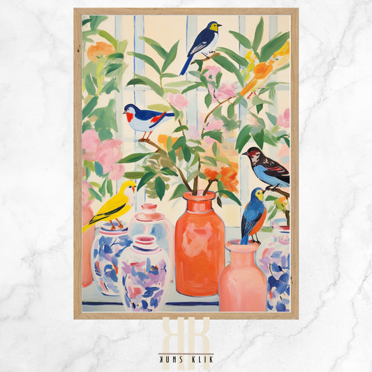 A colorful art print featuring a variety of stylized birds perched on branches amidst lush foliage; each bird is depicted in a unique, vivid color palette against a floral background, creating a vibrant and dynamic scene celebrating wildlife and nature.