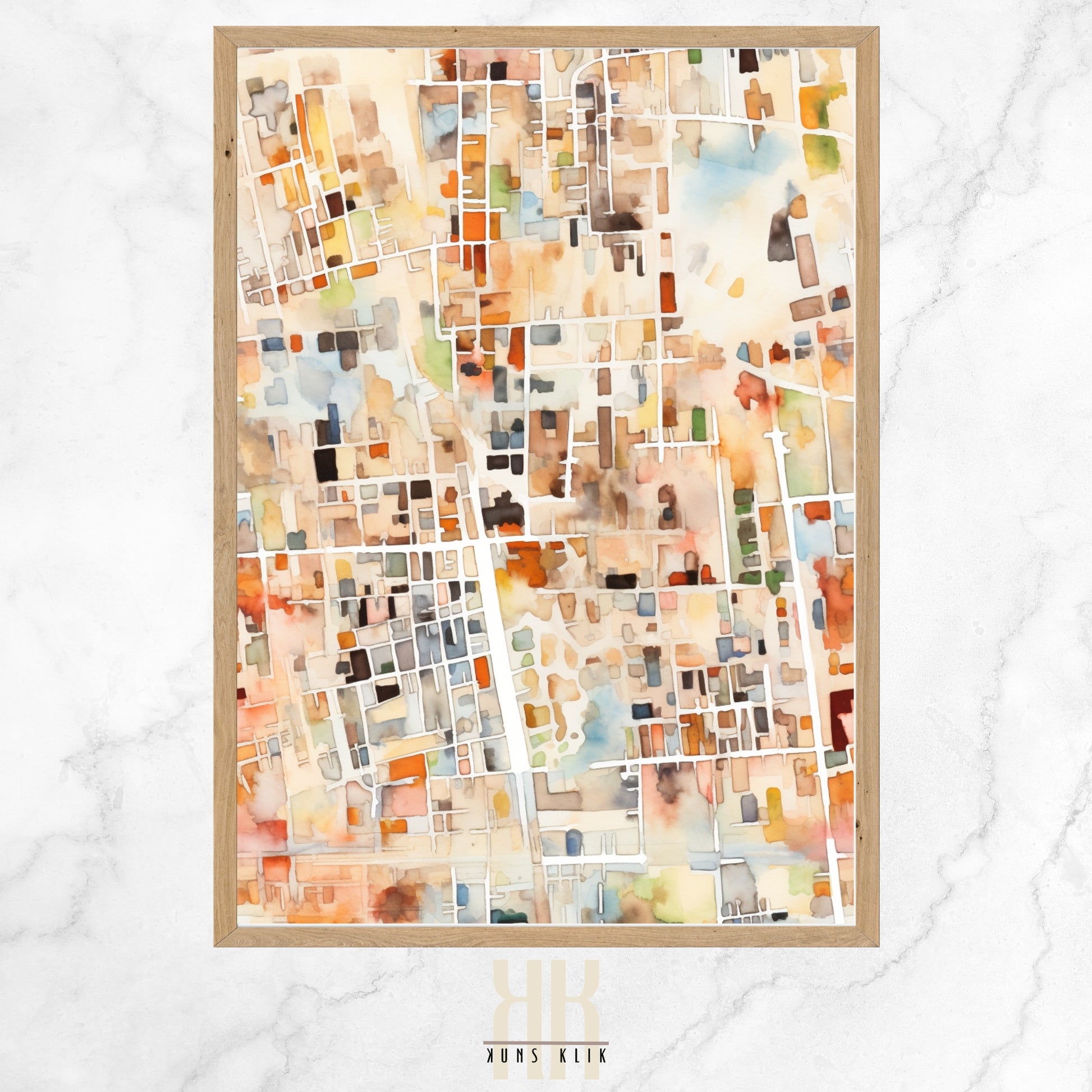 Watercolor painting depicting an abstract, top-down view of a city, with a warm, earthy color palette and soft, blending hues that suggest an impressionistic map of urban streets and blocks.