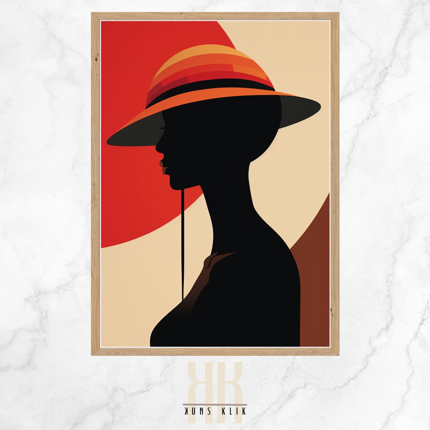 Stylized portrait of a woman with geometric design elements in bold colors, featuring abstract shapes forming her hat and facial features, against a minimalist background.