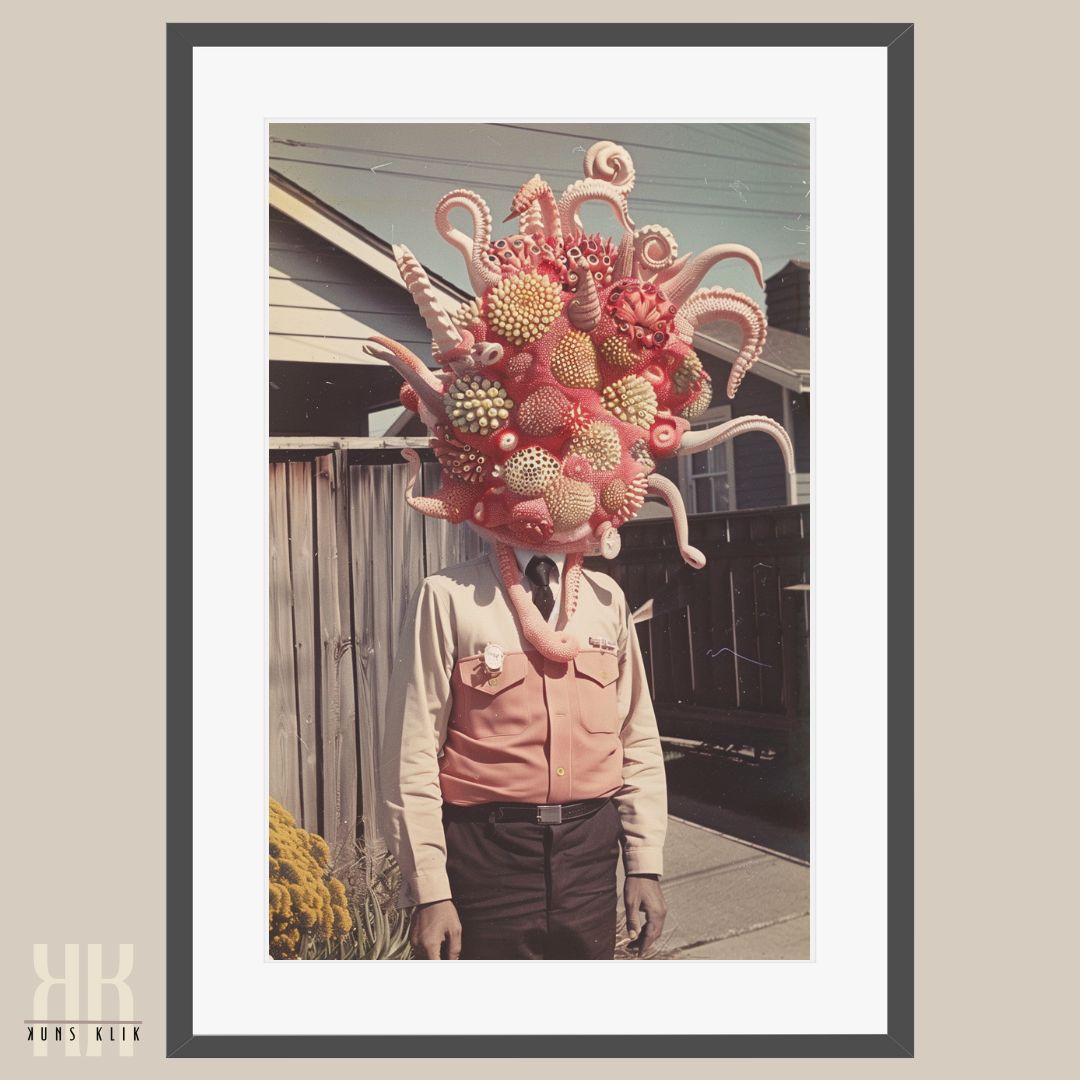Unusual Surrealist Art Print of Tentacle Creature in Urban Scene