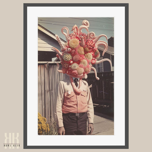 Unusual Surrealist Art Print of Tentacle Creature in Urban Scene