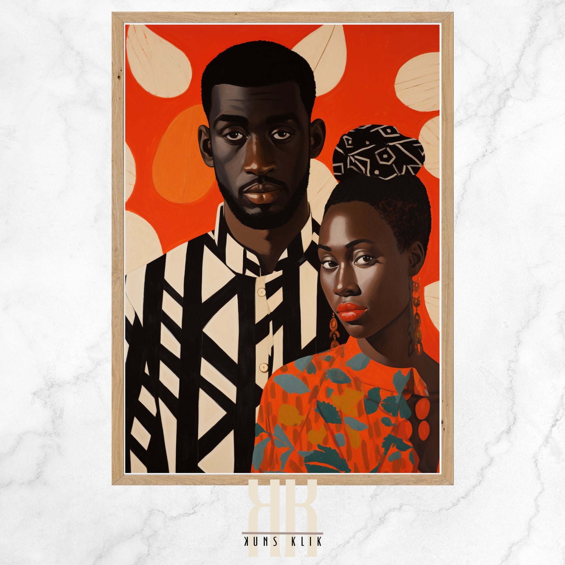 African couple in bold colourful pattern print clothing on a bold colourful patterned backgroun