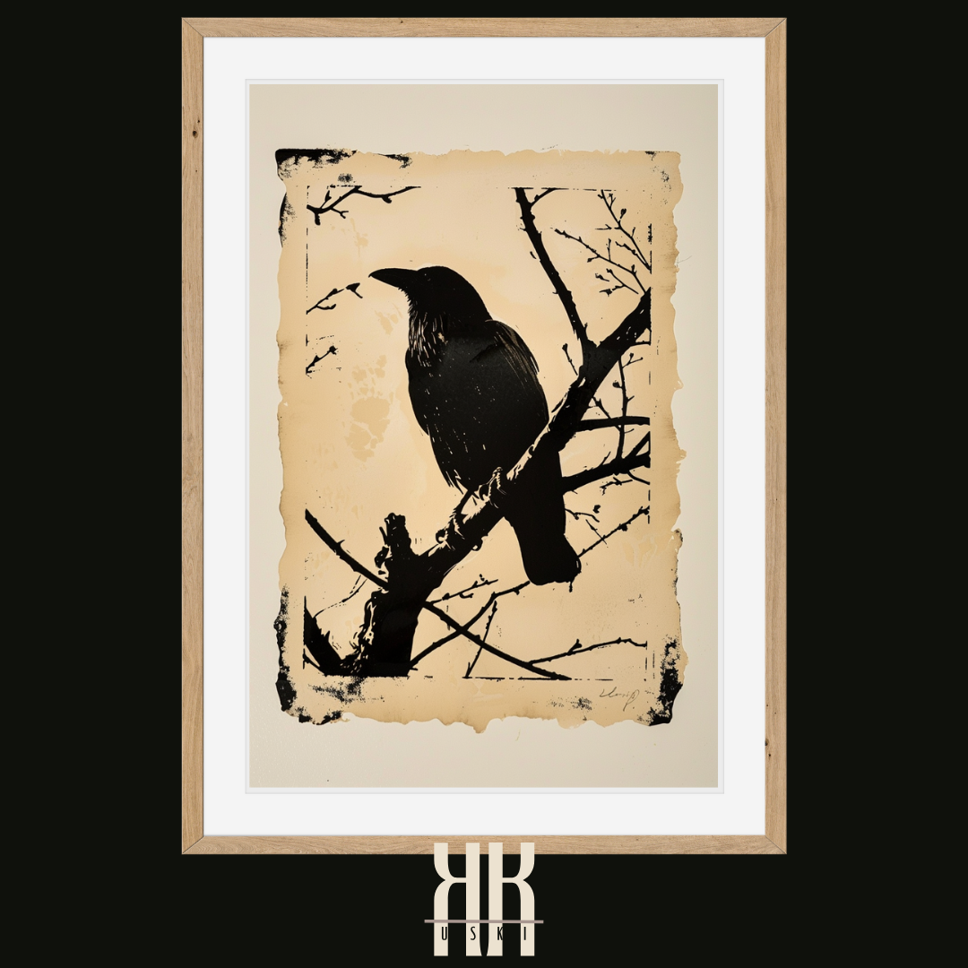 Majestic Crow Illustration in Classic Woodcut Style