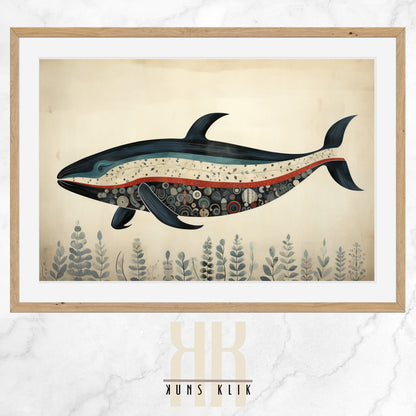 Digital illustration of a blue whale in a folk art style, surrounded by marine plant life and small fish, set against a navy blue background with a whimsical and serene underwater scene.