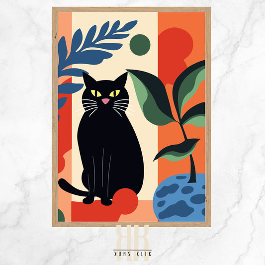 Stylized digital illustration of a black cat with prominent yellow eyes sitting in front of abstractly shaped plants, with a backdrop featuring geometric shapes and warm color blocks