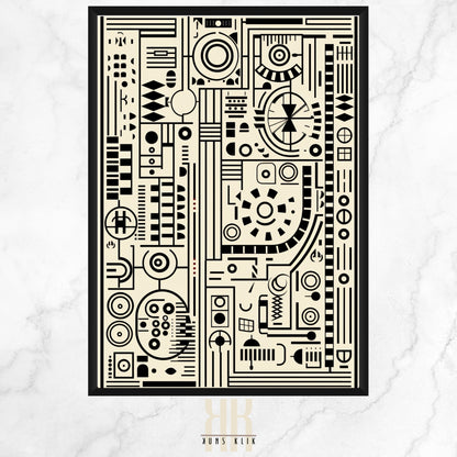  This artwork is an intricate example of modern graphic design, likely created using digital tools and techniques. It features a highly detailed and symmetrical composition reminiscent of circuitry or a complex machine layout.