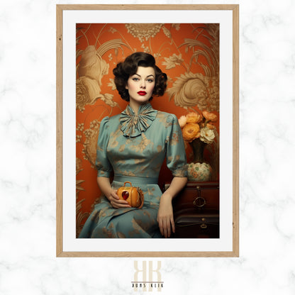 Vintage-inspired fashion portrait featuring a woman in a floral blue dress with a bow tie collar, red lipstick, and stylized hair, holding a small orange handbag, against an ornate orange floral wallpaper background.