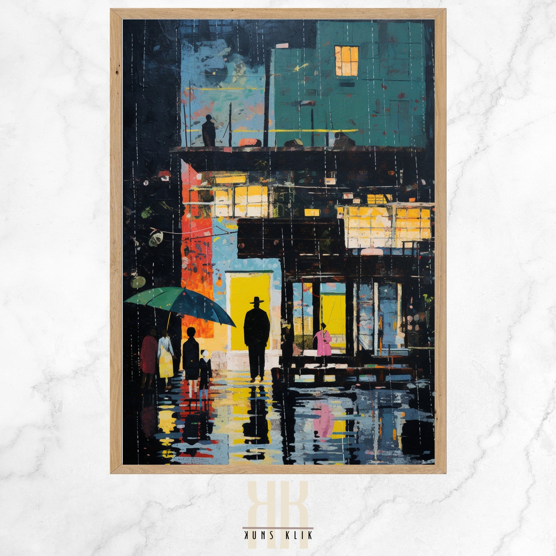 A digital art print of a rainy urban night scene, featuring two silhouetted figures walking under an umbrella among reflective, colorful, abstract shapes on wet pavement.