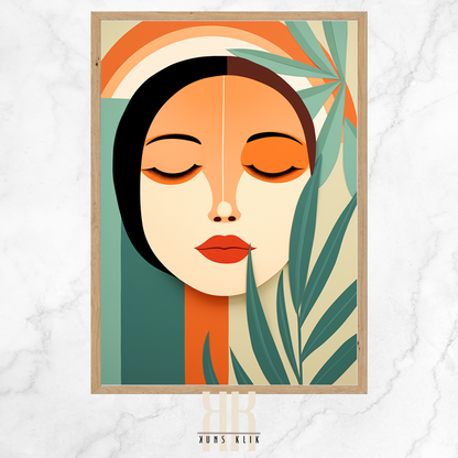 female face with sun beam, mountains and plants in the background in flat graphic bohemian style