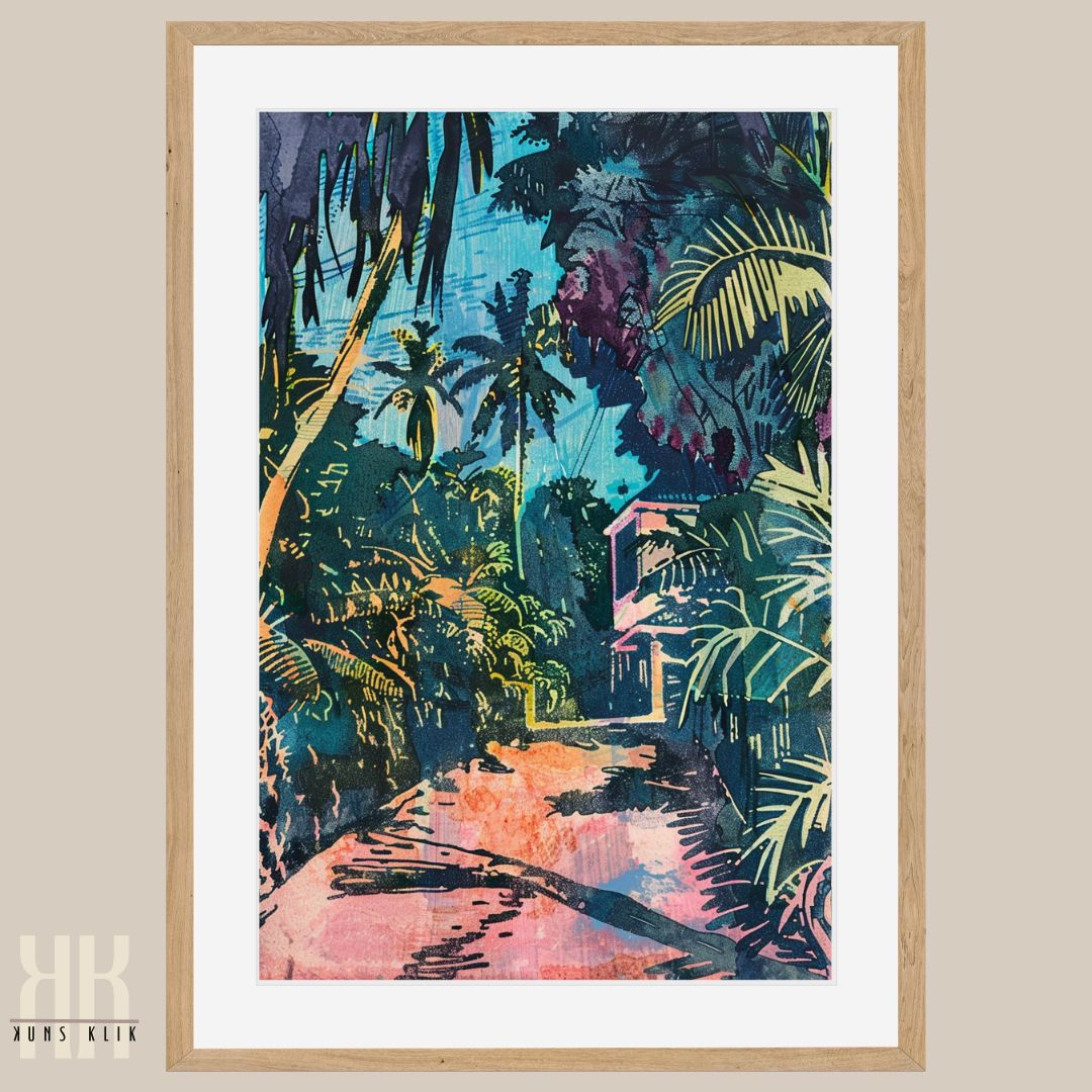 Tropical Jungle & Villa Art Print – Retro Linocut-Style Illustration