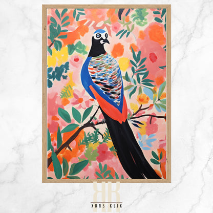 A colorful art print featuring a variety of stylized birds perched on branches amidst lush foliage; each bird is depicted in a unique, vivid color palette against a floral background, creating a vibrant and dynamic scene celebrating wildlife and nature.